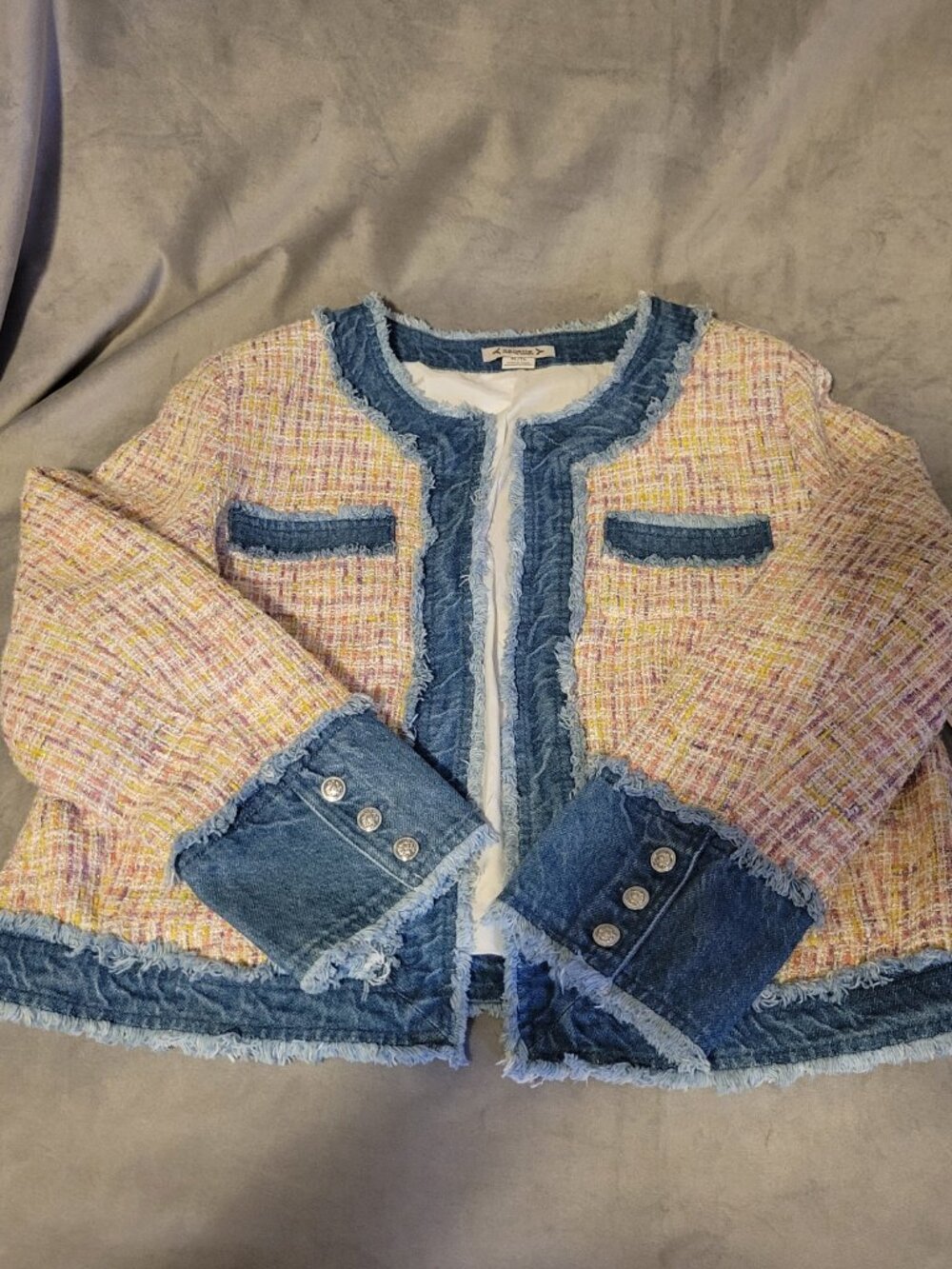 Nanette Lepore Pink Multi Sequin Denim Fringe Lined Open Blazer Women XL NWT - Picture 14 of 14